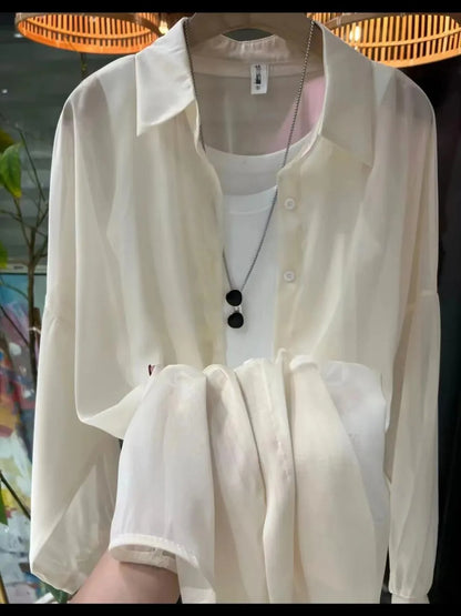 1pcs Woman Four Seasons Shirt Lady Thin Sunscreen Shirts Female Casual Long Sleeve Turn-down Collar Loose Med-Length Style Tops.