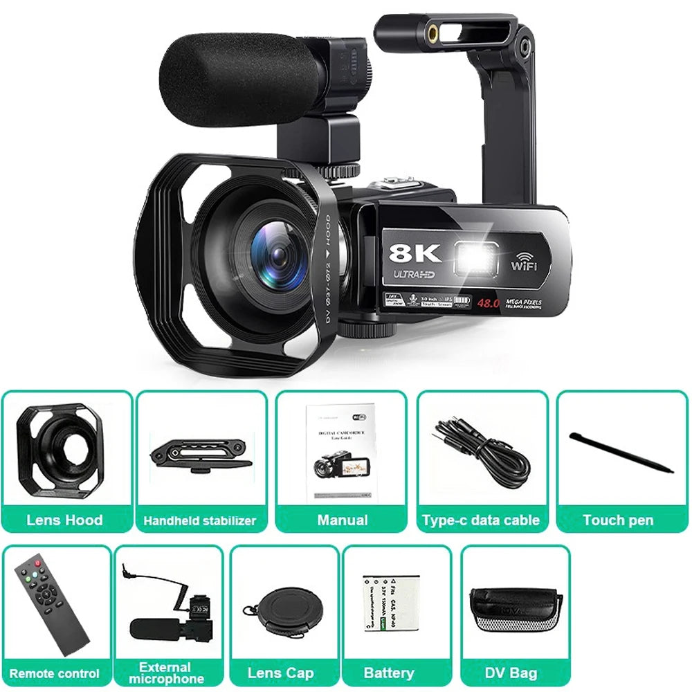 8K Digital Photography Camera 48MP Handheld DV 18X igital Zoom Camera Recorder 3'' LCD Touch Screen Portable Recording Camcorder.