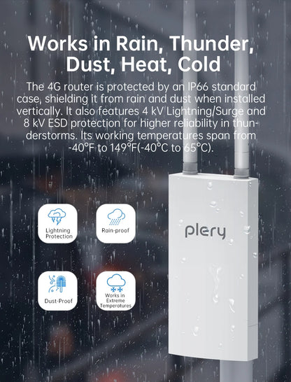 Plery IP66 CAT4 AX300 4G Router WiFi6 Outdoor Router For IP Camera/CPE 300Mbps Global LTE Router POE/DC Power 2*5dBi Antennas.