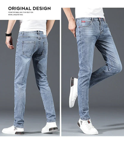 2024 New Men's Cotton Business Casual Skinny Jeans Trendy Fashionable Stretch Straight Slim Denim Trousers Male Blue Grey.
