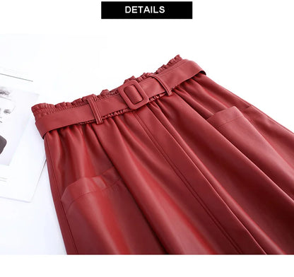 S-5XL New Women Plus Size Leather Skirt Spring Autumn Fashion Stretch Waist A-Line Loose Long Skirt Split Leather Sheepskin