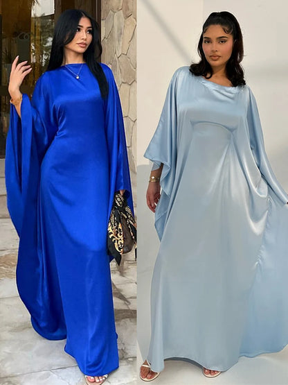 Eid glänzende Fledermaus Satin Abaya Dubai Luxus muslimische Abayas für Frauen Maxi Kaftan Kleid islamische Kleidung Kaftan Marocain Femme.