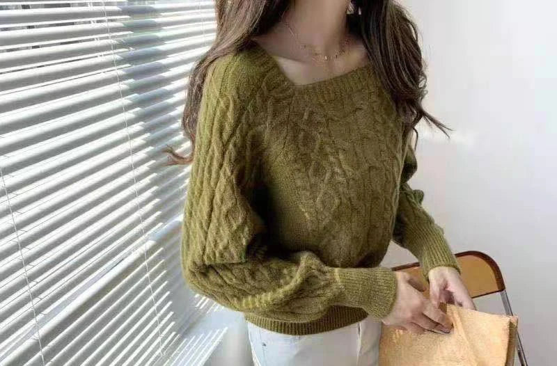 Frauen Square Neck Verdicken Rippe Pullover Laterne Hülse Lose Büro Stricken Pullover Frauen Herbst Winter Casual Feste Warme Pullover.