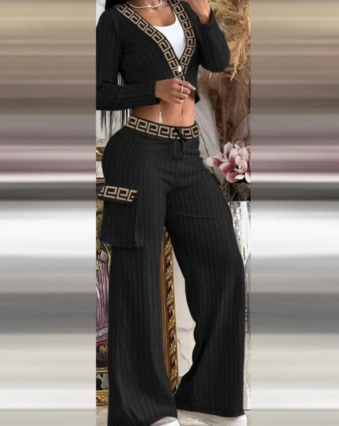 Women's Spring Summer New Fashionable Solid Color Printed Sexy Waist Short Top Casual Pants Set For Women