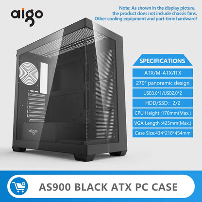 Aigo AS900 PC Case 270° Panoramic Design ATX M-ATX ITX Sea View Room Side Transparent Desktop Chassis Diy Gaming Computer Case