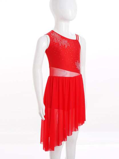 6–16 Jahre Mädchen, modernes lyrisches Tanzkleid, ärmellos, glänzender Strass-Trikot, Tanzkleidung für Skating, Gymnastik, akrobatische Leistung.