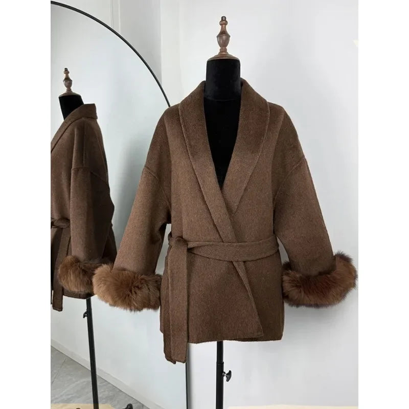 2025 Autumn Winter Chic Lapel Plush Coat With Belt Women Vintage Faux Fur Sleeve Tweed Open Coats Female Casual Street Outwear.