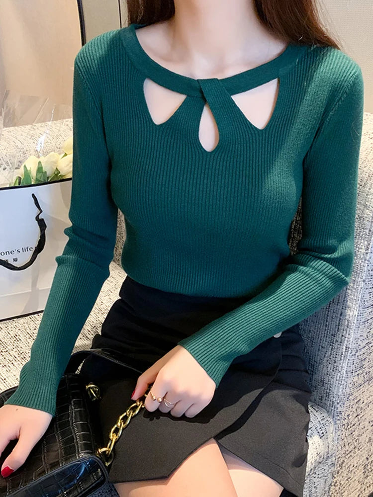 2025 Fashion Hollow Out Women Sweaters Autumn Winter Tops Slim Women Pullover Knitted Sweater Basic Solid Jumper Soft Warm Pull