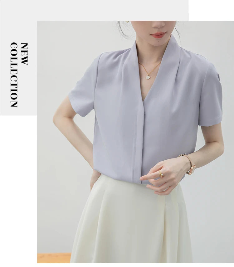 2025 Fashion Summer Short Sleeve V-Neck Women Blouse White Blouse Shirt Women Tops Blouses Shirts Blusas Para Mujer Camisas XL86.