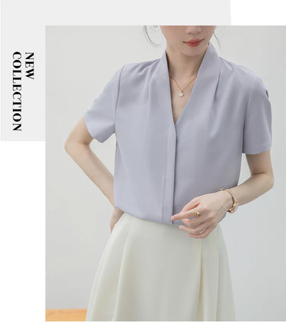 2025 Fashion Summer Short Sleeve V-Neck Women Blouse White Blouse Shirt Women Tops Blouses Shirts Blusas Para Mujer Camisas XL86.