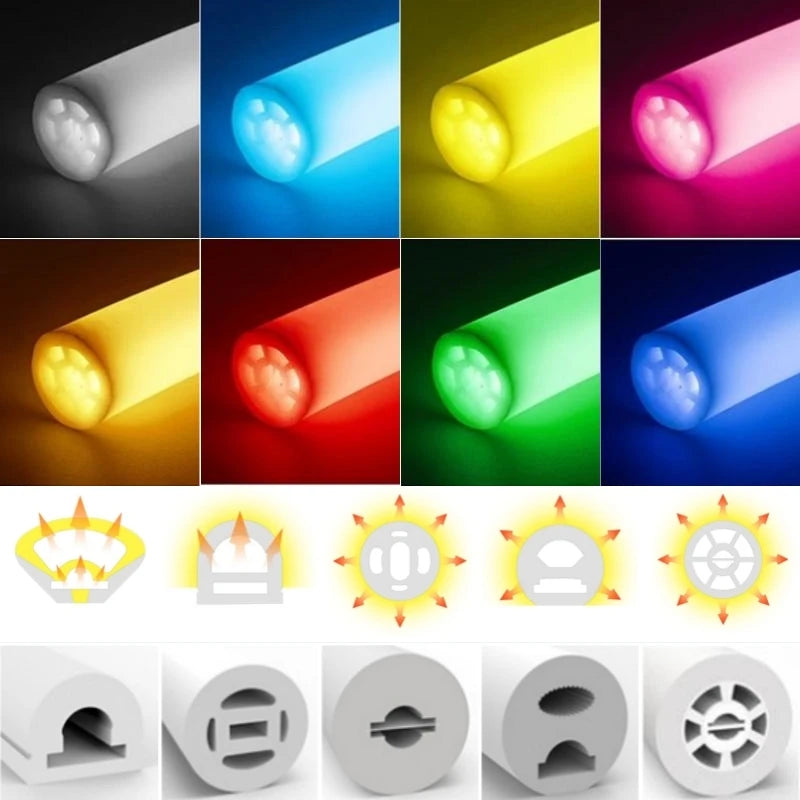 360° Glowing Round LED Neon Tube Rope Lamp Flexible Silicone Diffuser Channel WS2811 WS2812B Soft IP65 Outdoor Tape Strip Lights.