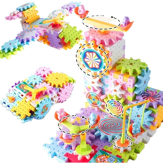 Kids Electric Gear Building Toy Set Motorized Spinning Gears Set Gear Rail Car Big Building Blocks STEM Construction Toy Set.
