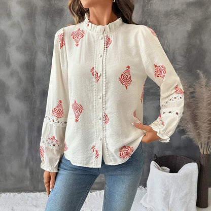 Women's Printed Casual Trendy Stand Collar Single-breasted Loose Shirts European New Fashion Female Ethnic Clothes Tops Cardigan.