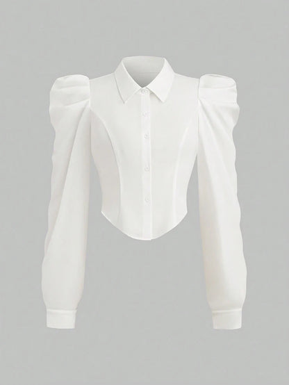 Plus Size Spring/Summer White Slim Fit Long Sleeve Shirt Solid Colour Fashionable and Versatile Office Wear Simple and Refined.