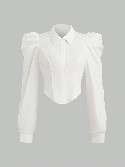 Plus Size Spring/Summer White Slim Fit Long Sleeve Shirt Solid Colour Fashionable and Versatile Office Wear Simple and Refined.
