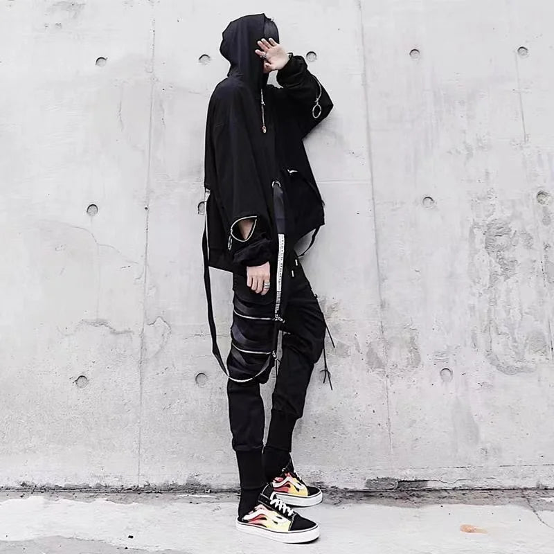 Men's Sets Black Hoodies+Pants Punk Graphic Zipper Hooded Sweatshirts Cargo Pant Men Oversized Loose Streetwear Suits.