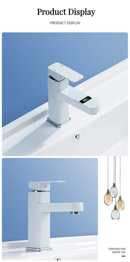 Digital Basin Faucets Smart Bathroom Faucet Shower Room Taps Water Temperature LED Black White Sink Tap Rotating Stainless Steel