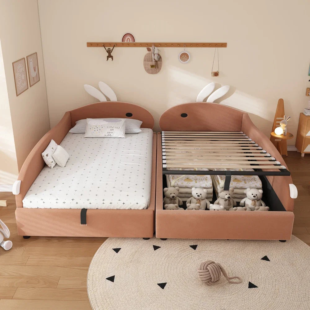 Polsterbett, Einzelbett, Babybett, niedlicher Hasenkopf, hydraulisches Bett mit Stauraum, erhöhter weicher Zaun, Samt, rosa + weiß, 90 x 200 cm