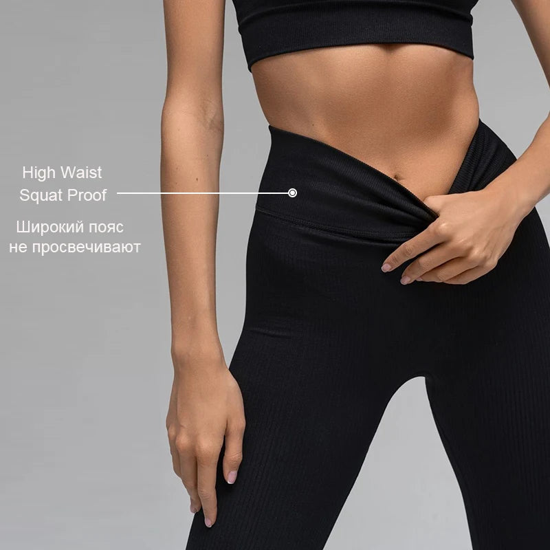 Ribbed Yoga Pants High Waisted Gym Leggings Sport Women Fitness Seamless Female Legging Tummy Control Running Training Tights.