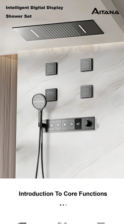 Deckenmontiertes thermostatisches LED-Digitalanzeige-Duschsystem. Eingebetteter Badmischer aus Messing im Wasserfallstil für heißes und kaltes Wasser