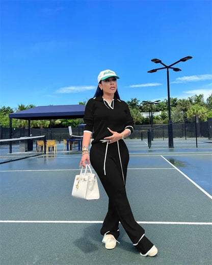 Active Wear Gestrickter lässiger Trainingsanzug für Damen, zweiteiliges Set, sportliches Fitness-gestreiftes Pullover-Oberteil und Hose mit weitem Bein, Jogging-Femme