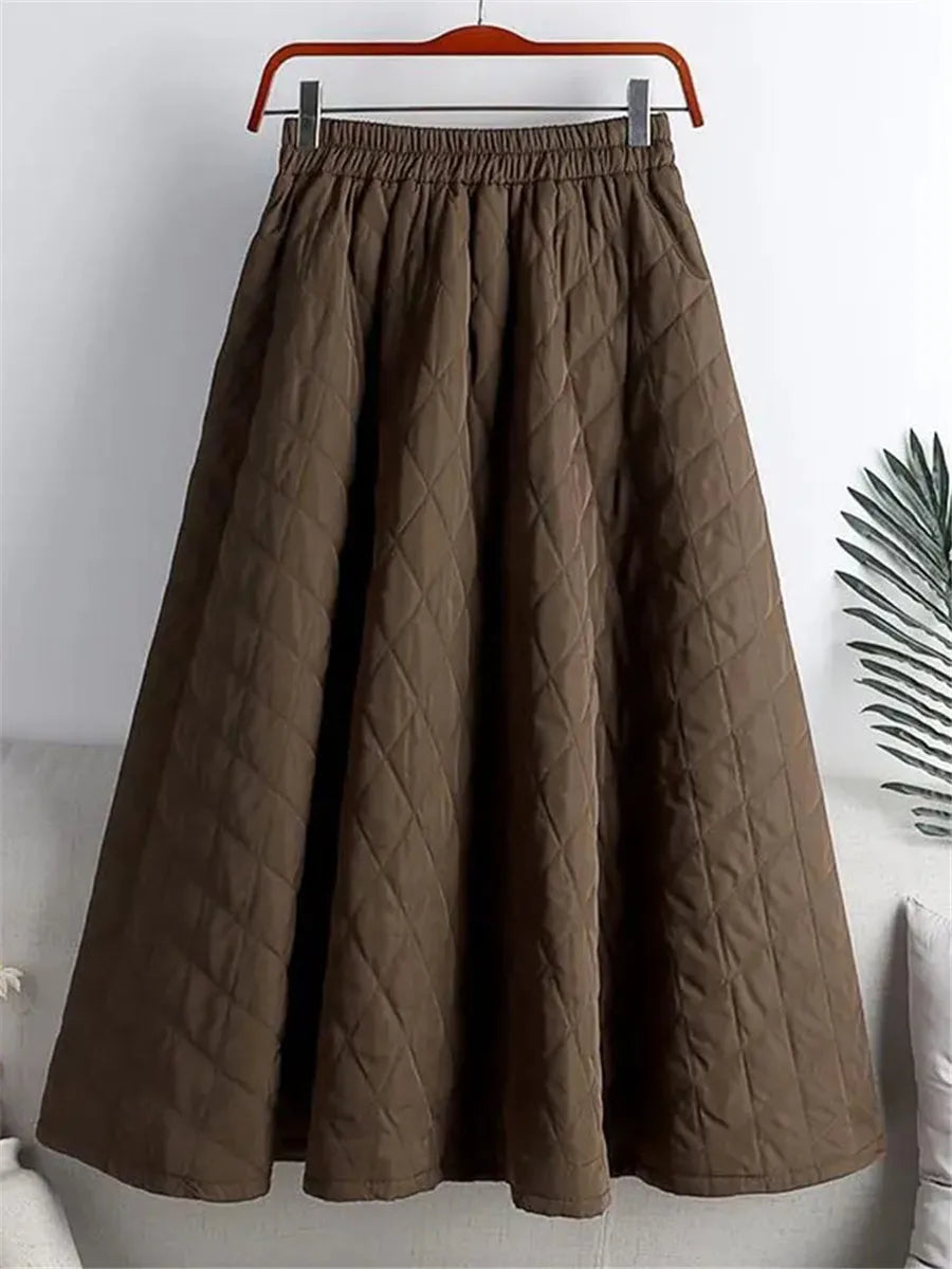 Autumn Winter Cotton Quilted Skirt Warm Womens A-line Faldas Vintage Thicken High Waist Saias Korean Fashion Knee-length Skirts.