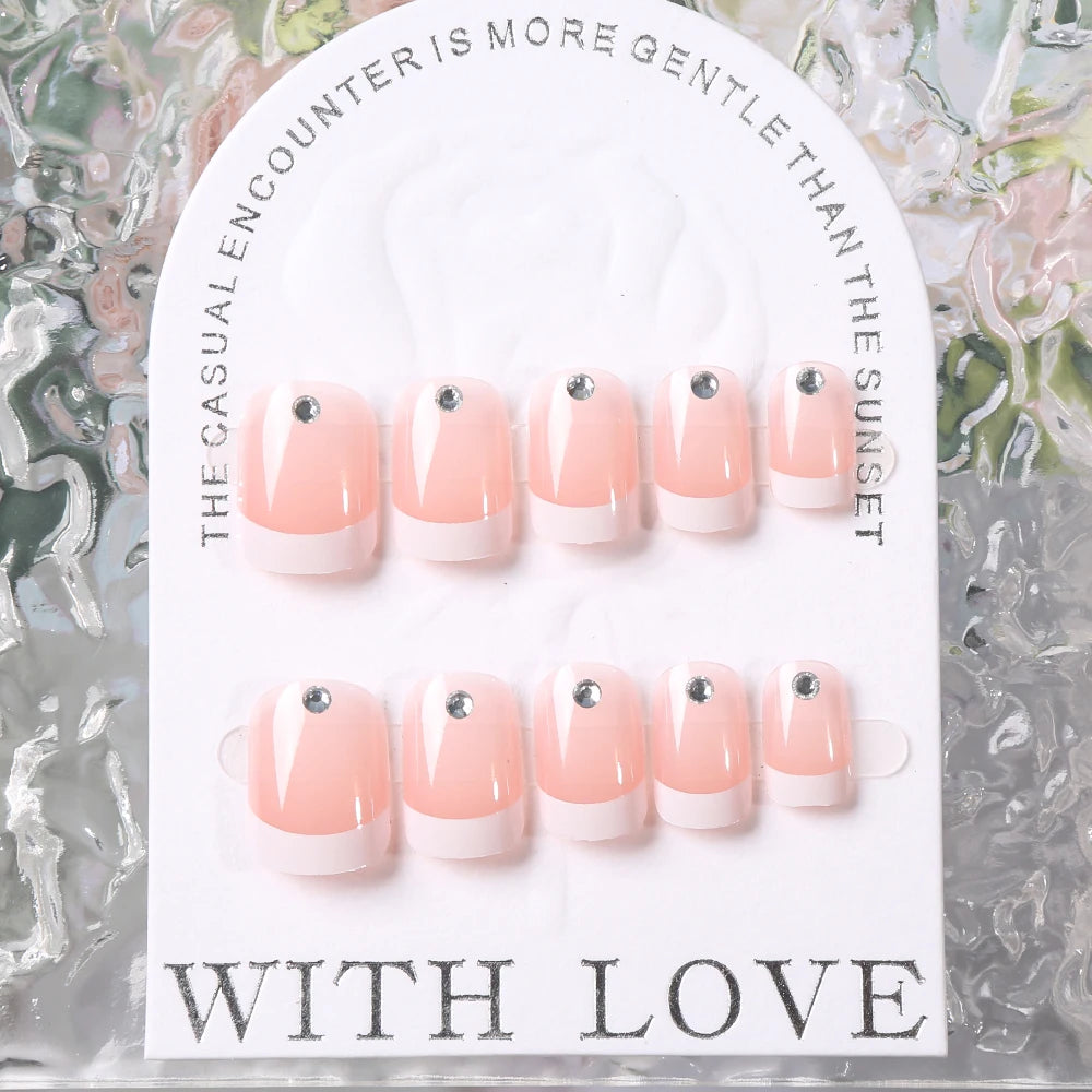 24pcs(+Tools) Pearl Bow Nude Pink Press On Nails White French Fingertips Almond Full Cover Fasle Nails New Year Nail Accessories.