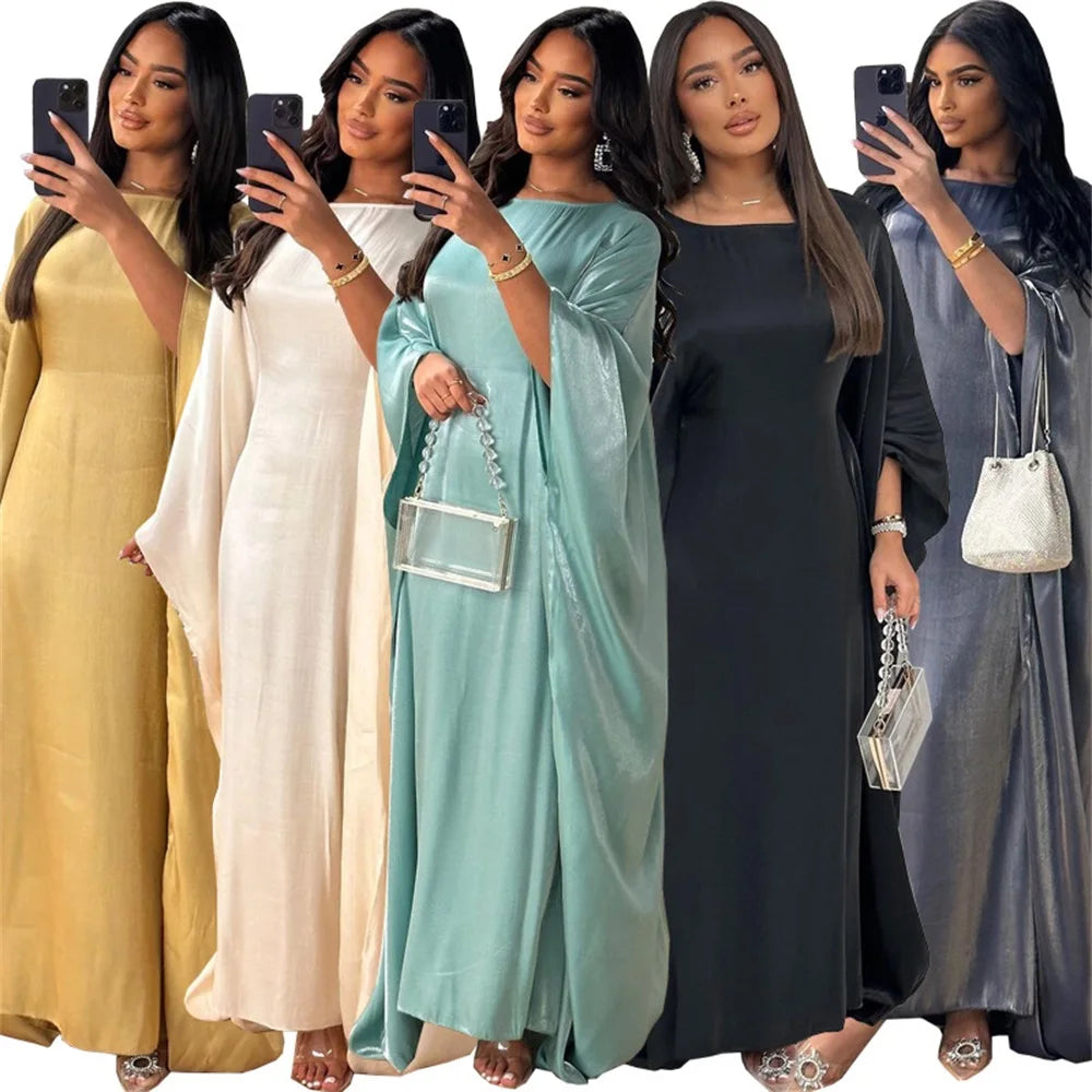 Siskakia Muslim 2024 New Eid Dresses Solid Shiny Satin Batwing Sleeve Modest Kebaya Turkish African Women Abayas Saudi Clothing.