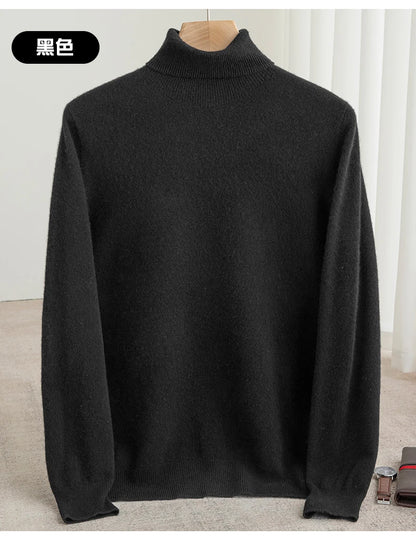 Men 100% Merino Wool Sweater Turtleneck Knitted Pullover Cashmere Warm Solid Color Clothes Business Bottoming Tops Autumn Winter