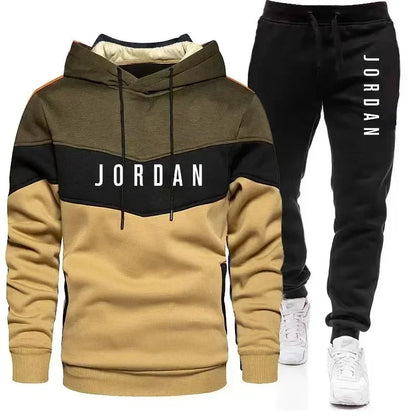 New season spring-autumn casual men's and women's long-sleeved hooded pullover set of pants for outdoor training, jogging one-pi.