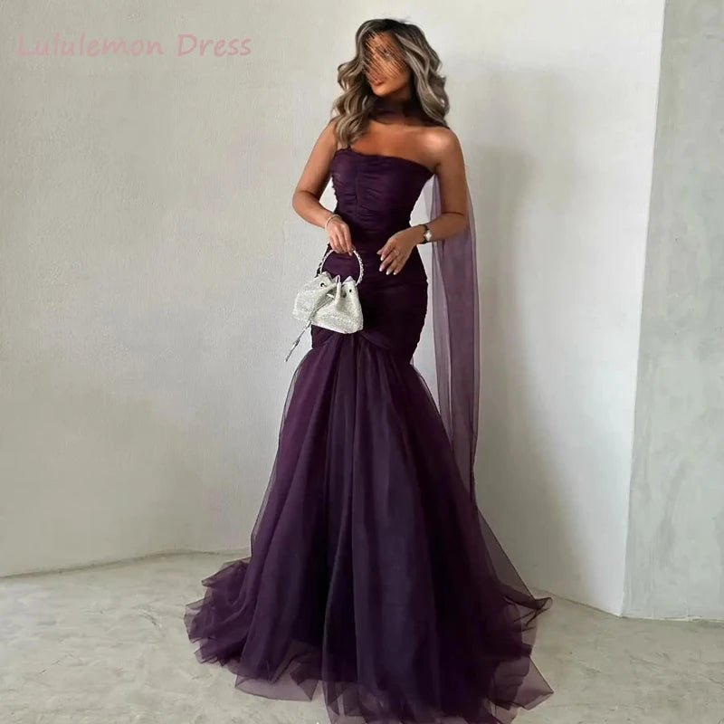 Maßgeschneiderte lila Abendkleider, bodenlang, Party, Meerjungfrau, lange Seidenschals, Robes de Soirée, trägerloses Hochzeitskleid.