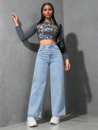 Benuynffy American Vintage Wide-leg Jeans Women's 2025 Spring New Streetwear High Waisted Loose Straight Mopping Denim Trousers.
