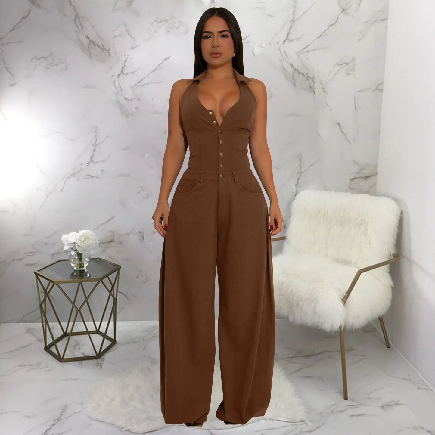 Fashionable Backless Casual Romper with Pockets for Women Summer Breathable Lightweight Solid Color One-Piece Suit.