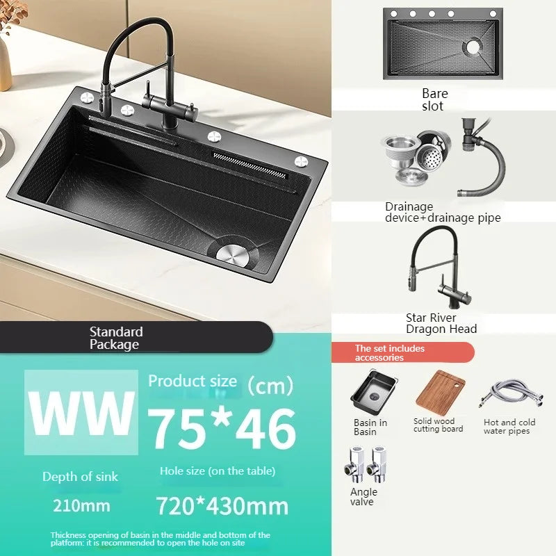 Stainless Steel Kitchen Sink With Waterfall Nano Embossed Large Single Slot Vegetable and Dishwashing Sinks Udermount Basin