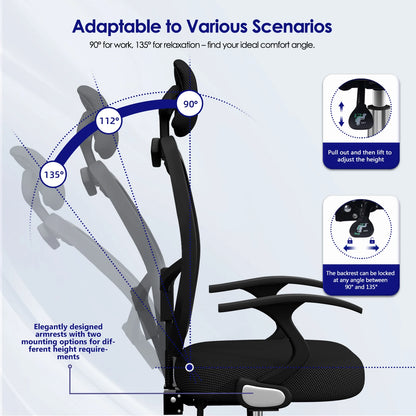 Daccormax Ergonomischer Bürostuhl, Mehrpunktstütze, verstellbare, atmungsaktive Netzrückenlehne, drehbarer Computer-Schreibtischstuhl mit Kopfstütze