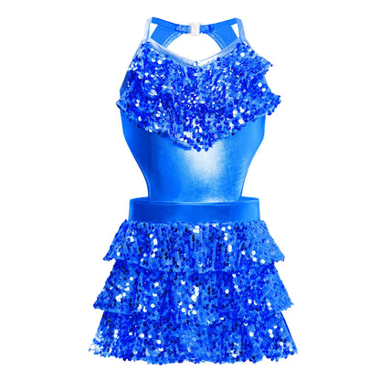 Kinder Mädchen Pailletten Jazz Ballett Tanzkleid Ärmellos Ausschnitt Tiered Rüschen Trikot Salsa Samba Rumba Skating Performance Kostüm