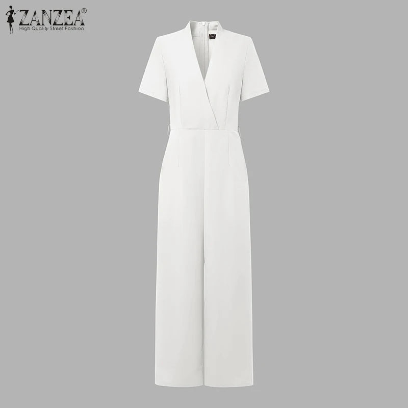 ZANZEA Street Fashion High Waist Jumpsuits Women Workwear Belt Rompers Solid Deep V Neck Elegant Office Lady Long Overalls.