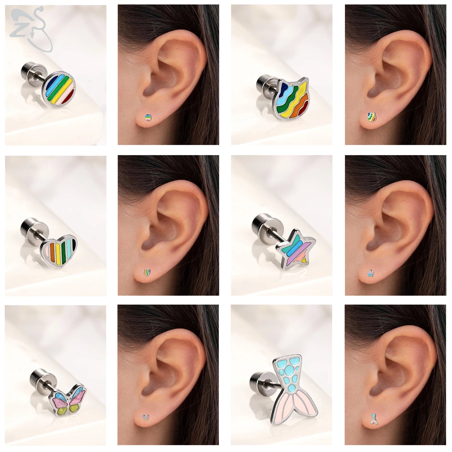 ZS 2Pcs/lot Stainless Steel Butterfly Star Heart Stud Earring Silver Color Earrings Ear Tragus Helix Tragus Piercing 20G Jewelry.