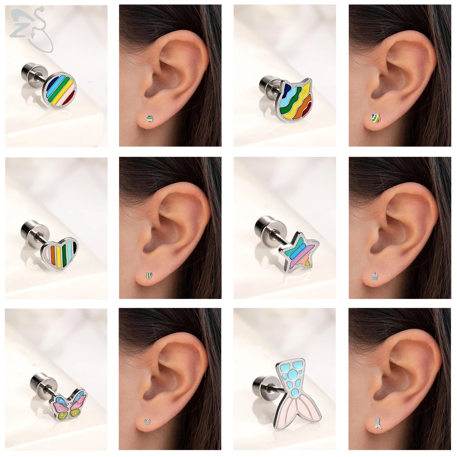 ZS 2Pcs/lot Stainless Steel Butterfly Star Heart Stud Earring Silver Color Earrings Ear Tragus Helix Tragus Piercing 20G Jewelry.