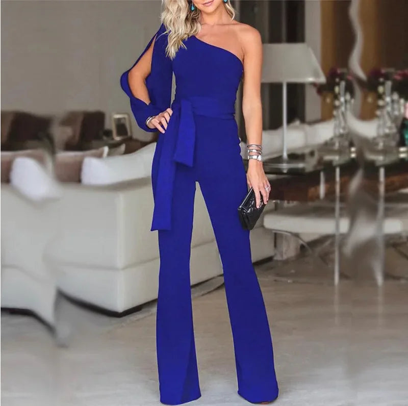 2025 Summer New Women's High Waist Tie Up Solid Color Slim Fit Sexy Jumpsuit Slant Shoulder Elegant Banquet Women's Wear.