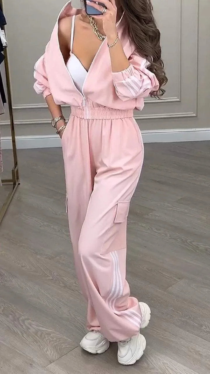 Sports Trousers Loose White Casual Women's Set Fashion Zipper High-waisted Hoodie + Wide-leg Overalls 2-piece Sweatshirt Suit.