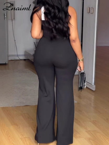 Znaiml Black Women's Sleeveless Cross Spaghetti Strap Loose Jumpsuit Autumn Office Wide Leg Pants Streetwear Overalls Fashion.