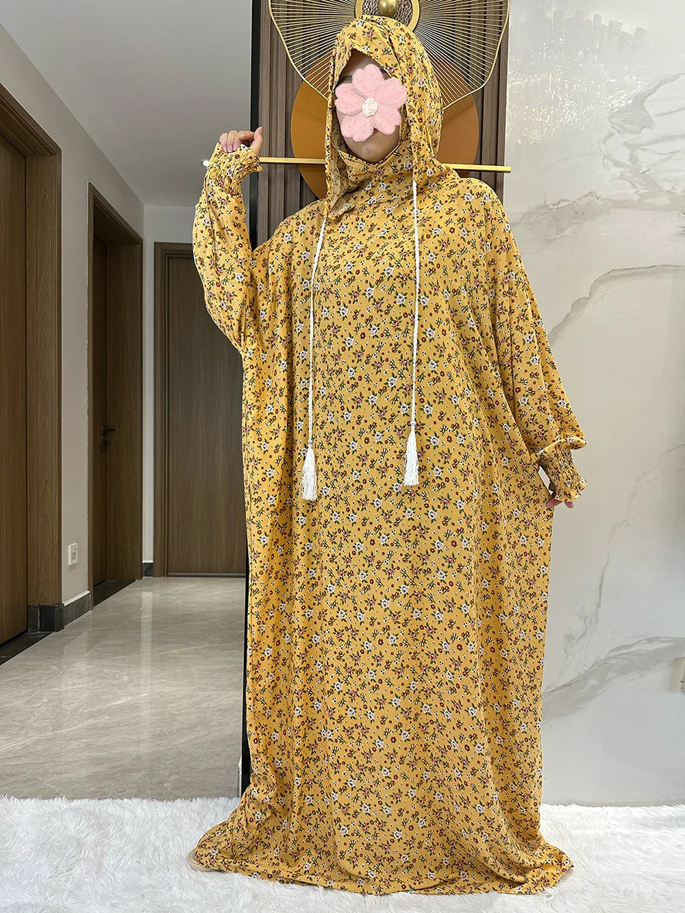 New Ramadan Muslim Two Hats Abaya Dubai Turkey Islam Prayer Clothes Floral Cotton Long Dress Islam Women Dress Kaftan.