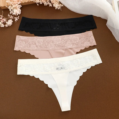 3Pcs Seamless Thongs Patchwork Lace Floral Underwear Women Ultra-Soft G-String Sexy Low Waist Panties Girls No Trace Lingeries.