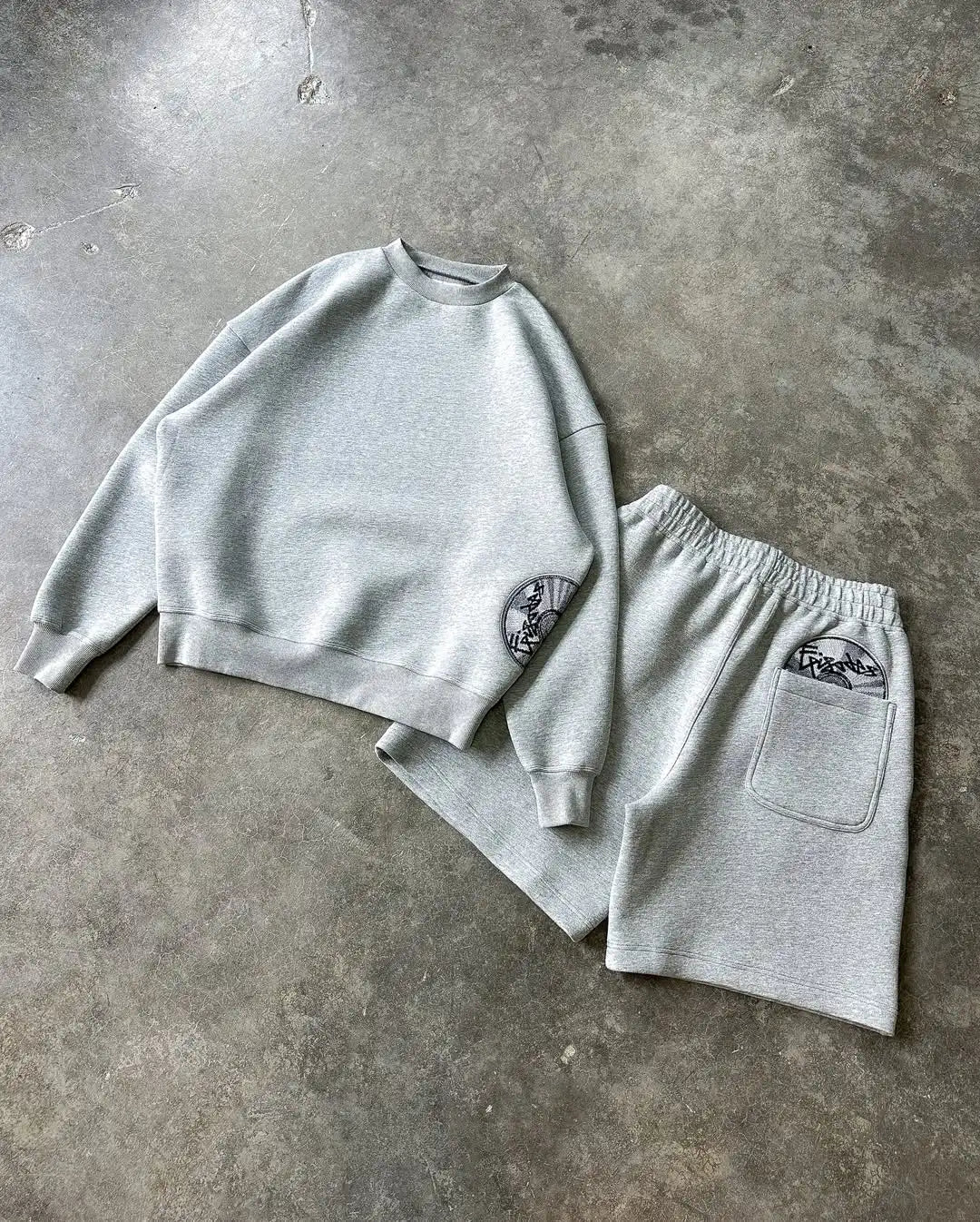 Grey Disc Pattern Mens Shorts Set Sporty Casual Wear Comfortable Loose Tracksuit Breathable Fabric Minimalist Modern Athleisure.