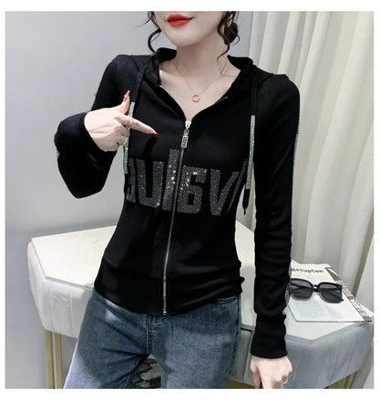 #7937Black Grey Women Hoodies Sweatshirt Tops Pullovers Diamonds Letters Slim Streetwear Short Hoodies Woman Zipper Korean Style.