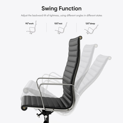 Gerippter Bürostuhl mit hoher mittlerer Rückenlehne, Drehstuhl aus echtem Leder mit Rahmen aus Aluminiumlegierung, verstellbarer ergonomischer Computerstuhl