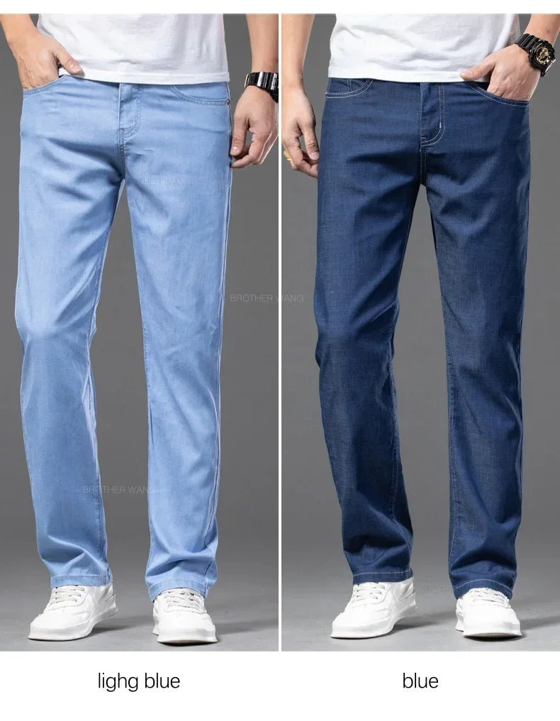Summer Ultra Thin Men's Loose Jeans Lyocell Ice Silk Fashion Casual Business Denim Pants Straight Stretch Male Trousers.