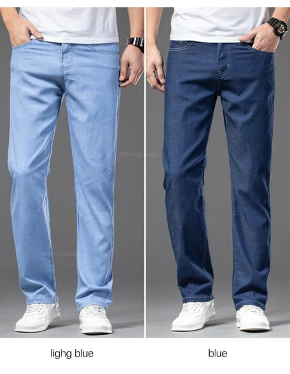 Summer Ultra Thin Men's Loose Jeans Lyocell Ice Silk Fashion Casual Business Denim Pants Straight Stretch Male Trousers.