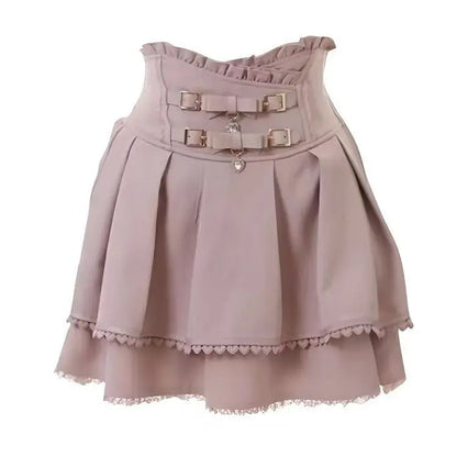 Sweet Lolita Jirai Kei High Waist Skort - Double Bow Buckle Short Skirt for Women Japanese Y2K Kawaii Fashion Summer Casual